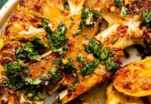 Harissa Roasted Cauliflower Steaks with Lemon Yogurt