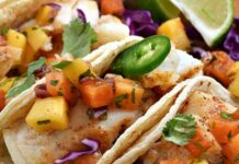 Spicy Batata Harra Sweet Potato Tacos with Mango Salsa