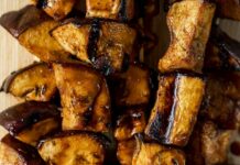 Grilled Eggplant & Chickpea Skewers with Advieh Yogurt Marinade
